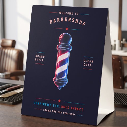 Barbershop Glowing Bold Blue Red Pole Logo Table Tent