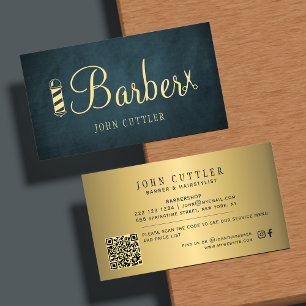 Barbershop gold navy pole scissors barber QR code Business Card