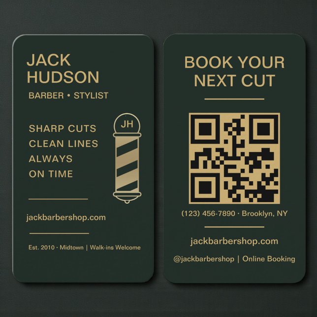 Barbershop Green Gold Barber Haircut QR Code Business Card (Creator Uploaded)