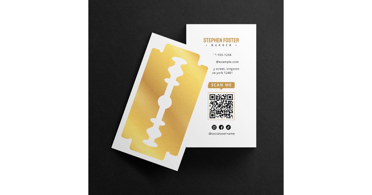 Barbershop Hair White Gold Razor Blade Barber Shop Business Card | Zazzle