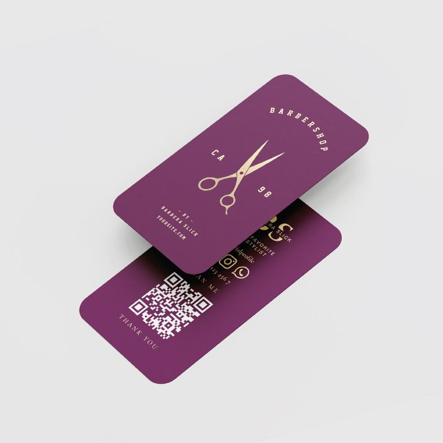 Barbershop Hairstylist Luxury Purple Gold Scissor Business Card (Creator Uploaded)