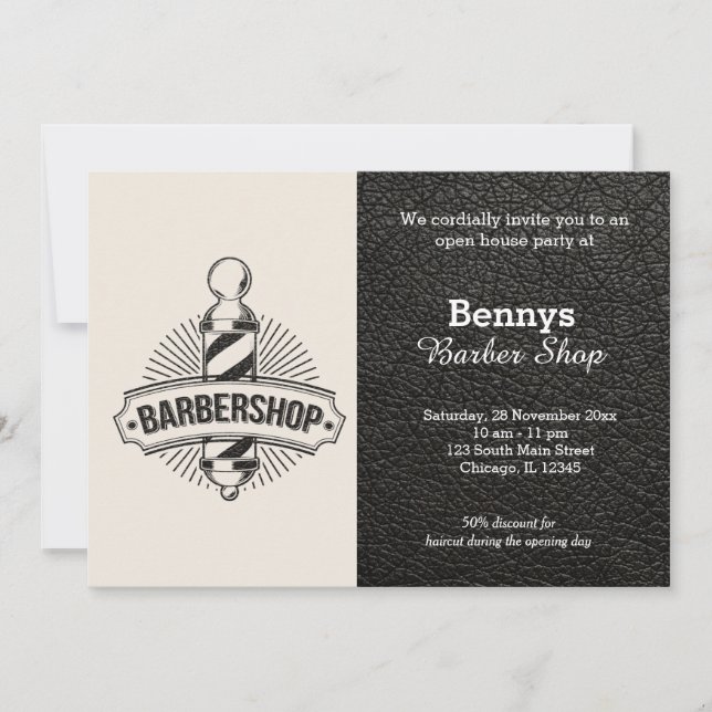Barbershop leather look open day invitation (Front)