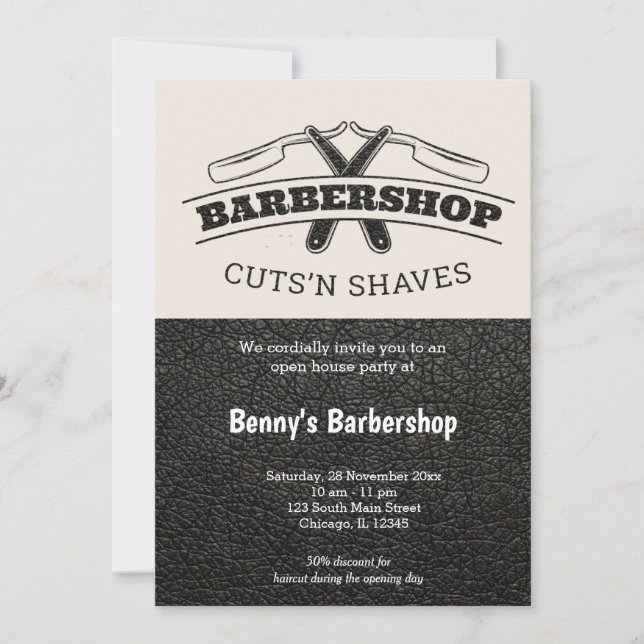 Barbershop leather look open day invitation (Front)