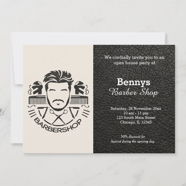 Barbershop leather look open day invitation (Front)