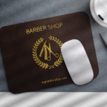 Barbershop logo and name personalized brown gold mouse pad<br><div class="desc">Barber shop men salon mouse pad with faux gold logo and barber shp name typography script on a dark brown leather look (PRINTED,  NO REAL LEATHER) background.             You can change the predefined logo with your own.</div>