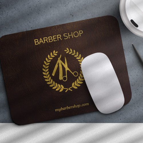 Barbershop logo and name personalized brown gold mouse pad