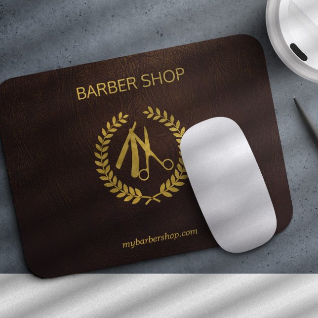 Barbershop logo and name personalized brown gold mouse pad (The leather is PRINTED, NO REAL LEATHER TEXTURE)