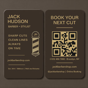 Barbershop Mocha Brown Gold Barber Haircut QR Code Business Card