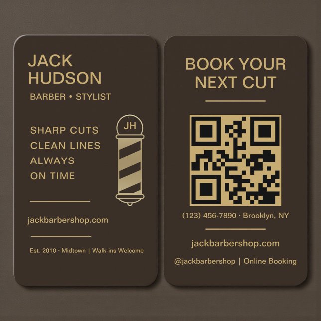 Barbershop Mocha Brown Gold Barber Haircut QR Code Business Card (Creator Uploaded)