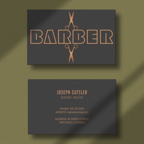 Barbershop modern copper logo script grey business card