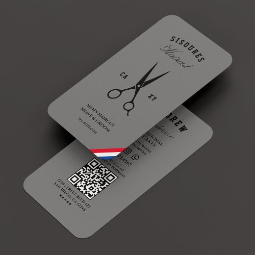 Barbershop Modern Grey Red Blue White Barber  Business Card