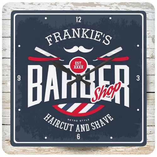 Barbershop NAME Haircut Shave Retro Barber Shop Square Wall Clock