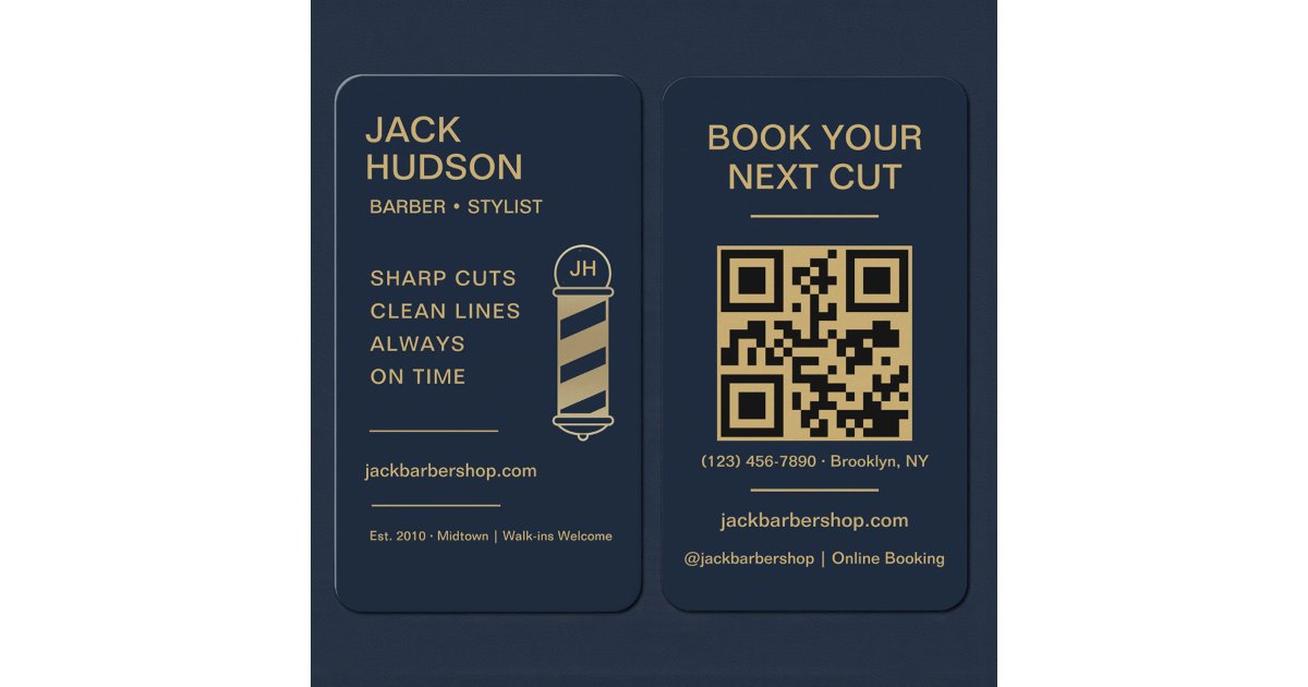 Barbershop Navy Blue Gold Barber Haircut QR Code Business Card | Zazzle