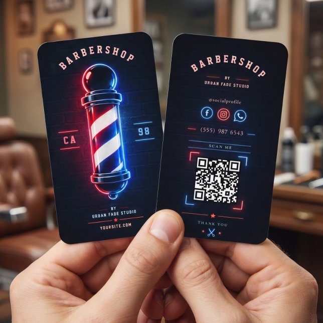 Barbershop Neon Bold Blue Red Pole Logo Business Card (Creator Uploaded)