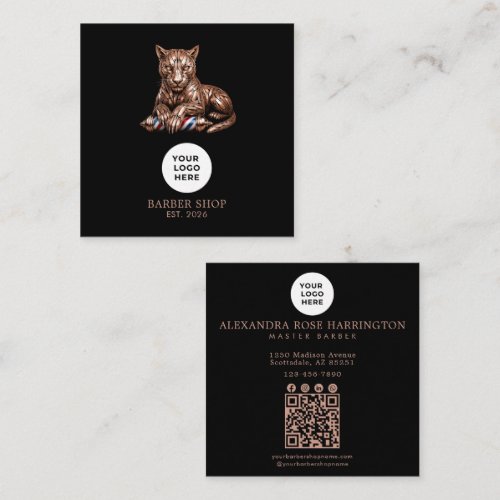 Barbershop Rose Gold Panther Logo Qr Code Square Business Card