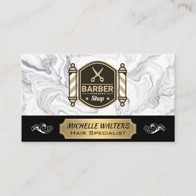 Barbershop Scissors | Barber Pole | Marble Business Card (Front)