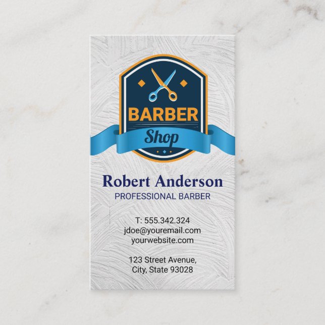 Barbershop | Scissors Ribbon Badge | Texture Business Card (Front)