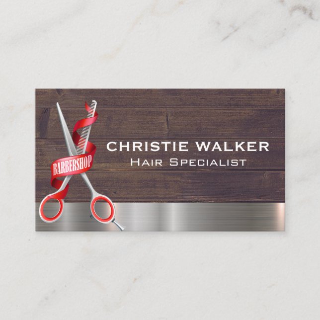 Barbershop Scissors | Wood Metal Business Card (Front)
