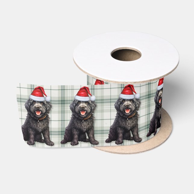 Barbet Black Dog Holiday Plaid Funny Christmas Satin Ribbon (Spool)