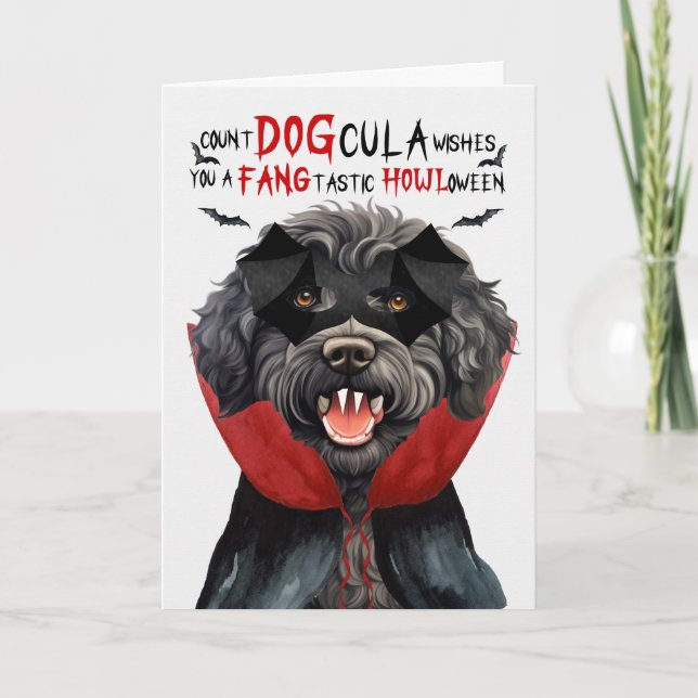 Barbet Dog Funny Count DOGcula Halloween Holiday Card (Front)