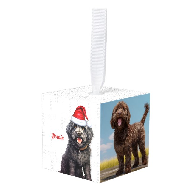 Barbet Dog Two Photo Christmas Holiday Cube Ornament (Front Angled)