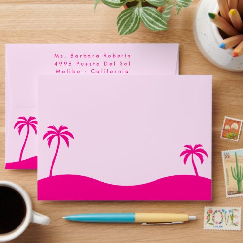 Barbiecore Hot Pastel Pink Beach Palm Silhouette Envelope