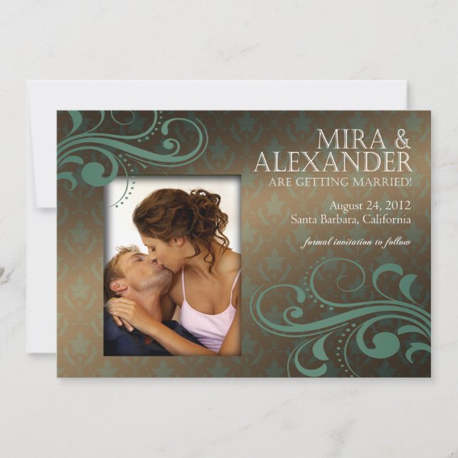 Barbizon Damask Scroll - brown|teal Wedding Invitation (Front)