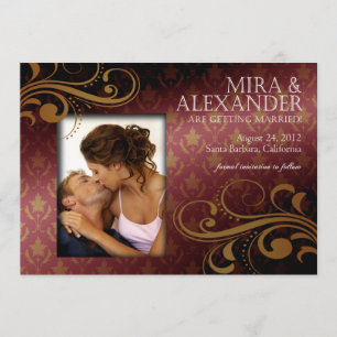 Barbizon Damask Scroll - dk rose gold Wedding Invitation