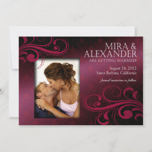 Barbizon Damask Scroll - fuschia magenta Wedding Invitation