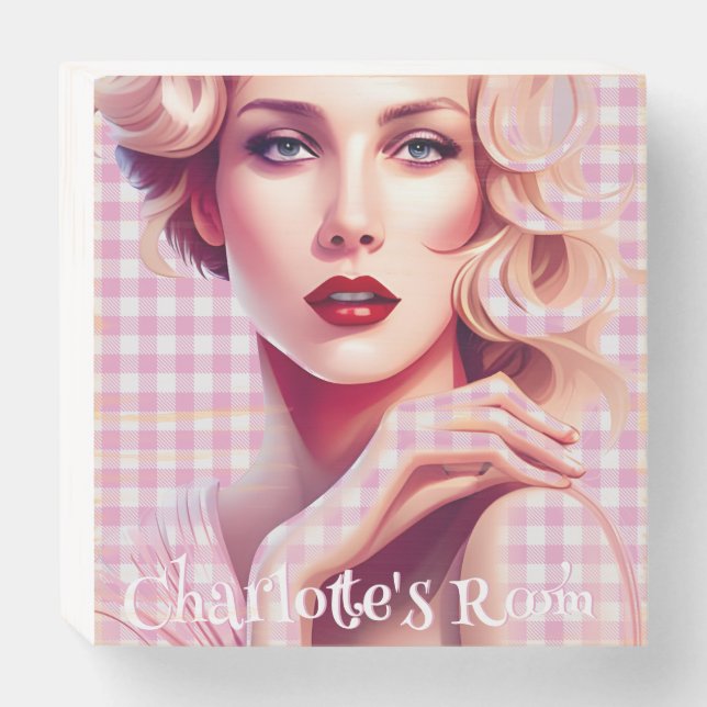 Barbs Pink and White Ghingham Girls Room Sign (Front Horizontal)