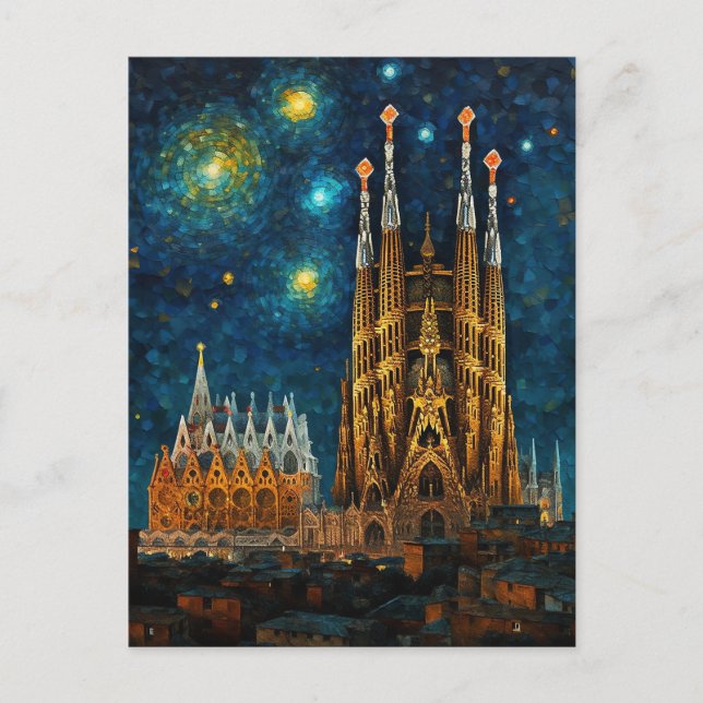 Barcelona Basilica Sagrada Família Starry Night Postcard (Front)