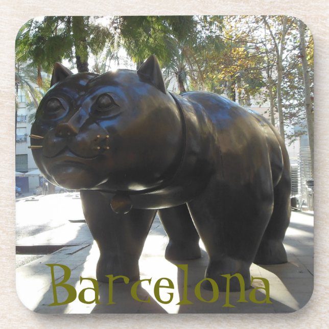 Barcelona Cat Statue on Las Ramblas Drink Coaster (Front)