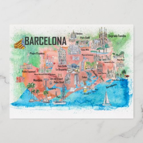 Barcelona Catalonia Spain Illustrated travel Foil Holiday Postcard