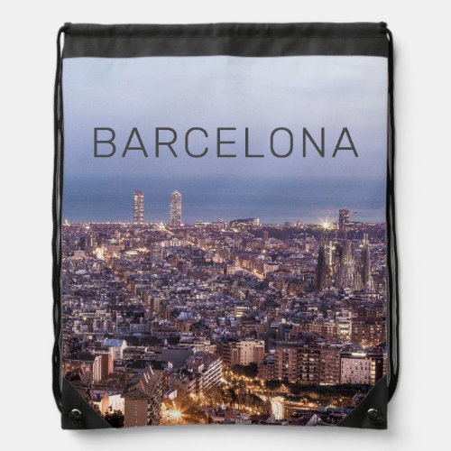 Barcelona Catalonia Sunset Skyline Spain Cityscape Drawstring Bag