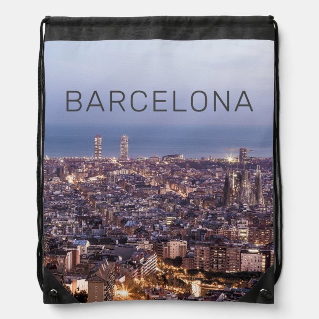 Barcelona Catalonia Sunset Skyline Spain Cityscape Drawstring Bag (Front)