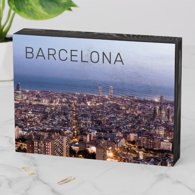Barcelona Catalonia Sunset Skyline Spain Cityscape Wooden Box Sign (In Situ Horizontal)