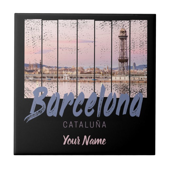 Barcelona Catalonia sunset Skyline Spain vintage Ceramic Tile (Front)