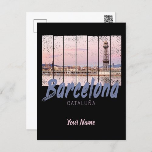 Barcelona Catalonia sunset Skyline Spain vintage Holiday Postcard