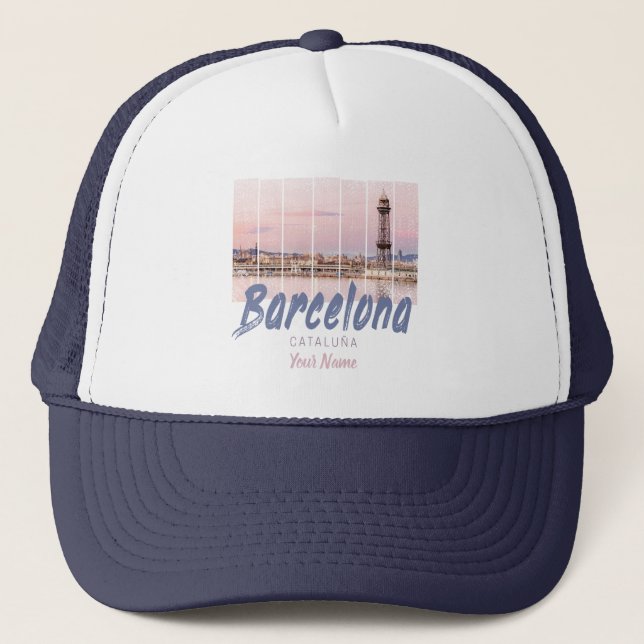 Barcelona Catalonia sunset Skyline Spain vintage Trucker Hat (Front)