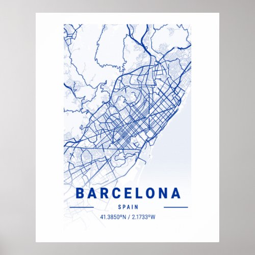 Barcelona City Map Blue Poster