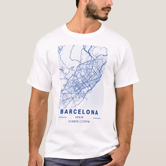Barcelona City Map Blue T-Shirt (Front)