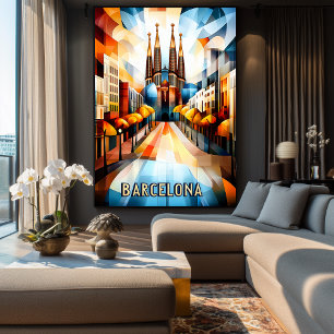 Barcelona Cubist Sunrise – Geometric Cityscape Art Poster