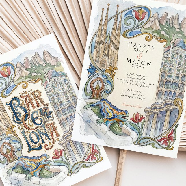 Barcelona Gaudí Landmarks Watercolor Wedding Invitation (Creator Uploaded)