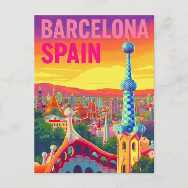 Barcelona Gaudi Sunset Retro Postcard (Front)