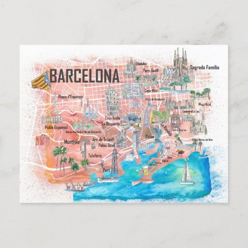 Barcelona Illustrated Travel Map with Main Roads Postcard