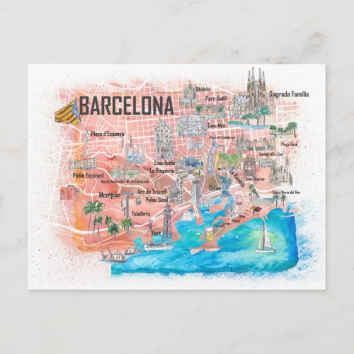 Barcelona Illustrated Travel Map with Main Roads Postcard