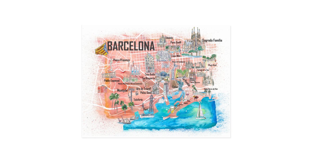 Barcelona Illustrated Travel Map with Main Roads Postcard ... Barcelona Illustrated Travel Map with Main Roads Postcard ...