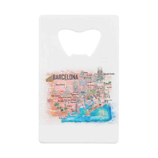 Barcelona Illustrated Travel Map with Roads Credit Card Bottle Opener (Front)