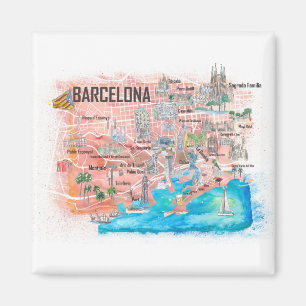 Barcelona Illustrated Travel Map with Roads Magnet