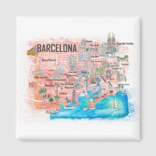 Barcelona Illustrated Travel Map with Roads Magnet